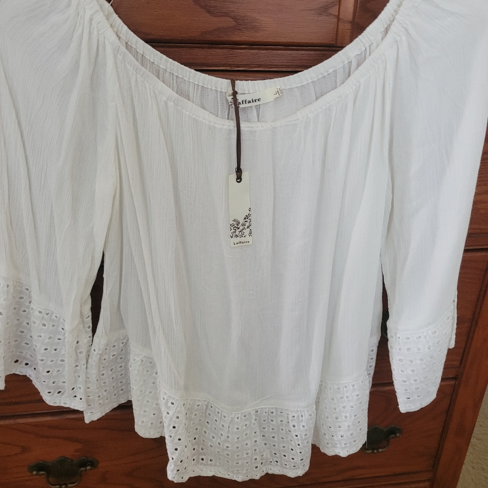 Cream Ruffled Blouse with Relaxed Fit and Three-Quarter Sleeves